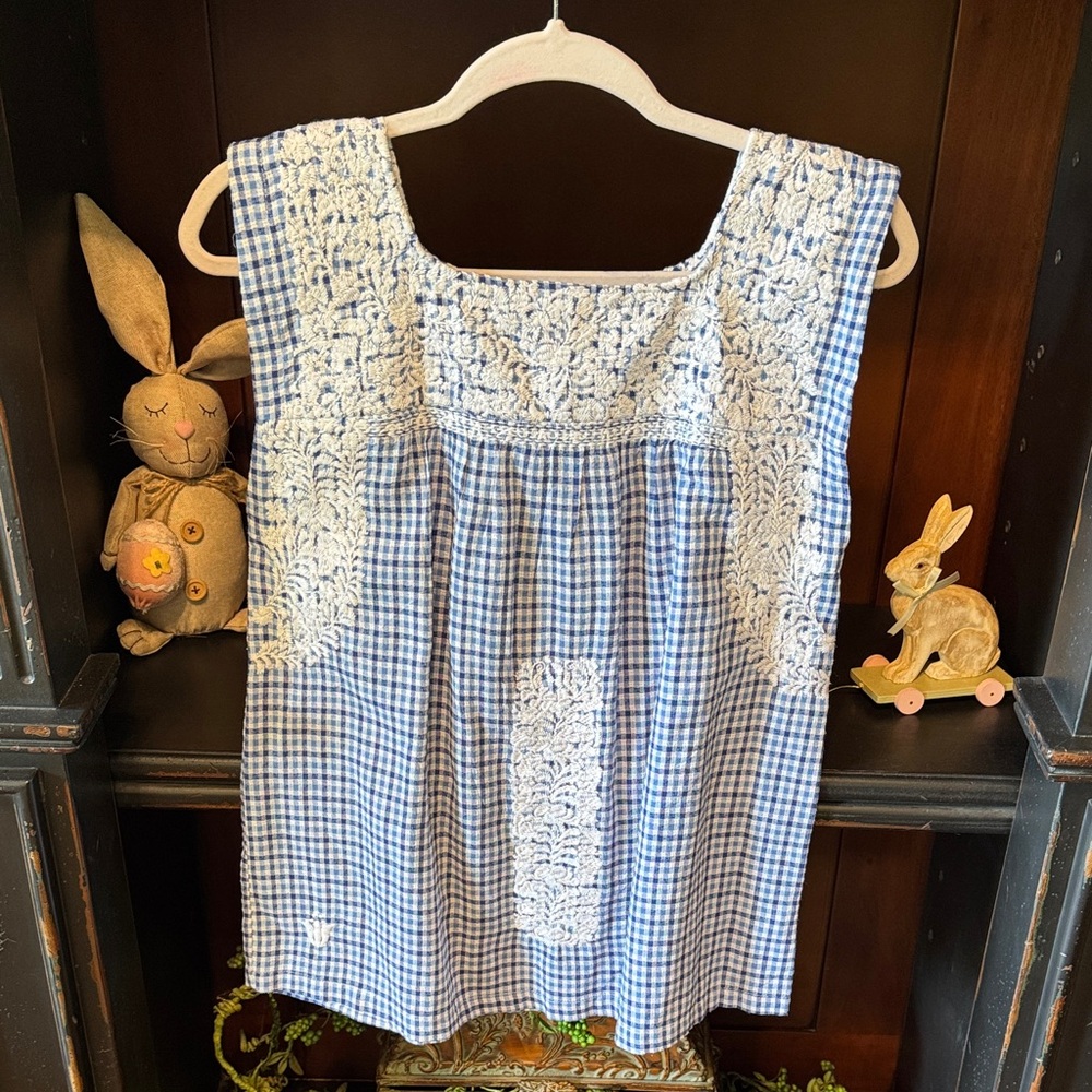 Blue Gingham Sleeveless Tunic with White Embroidery